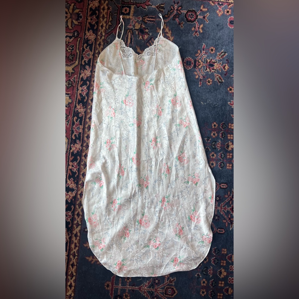 Vintage Floral Satin Slip Dress – Lace Trim - Picture 3 of 5